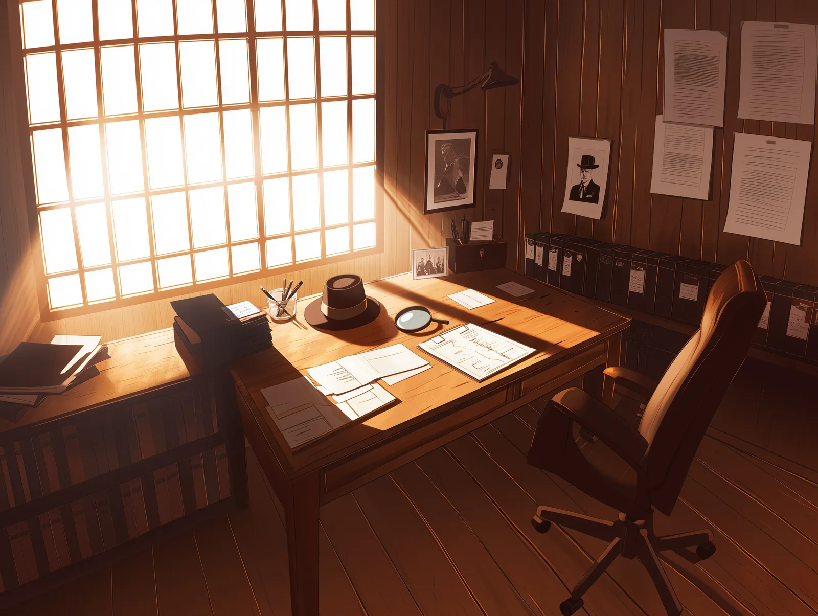 detective desk with magnifying glass, scattered case files, suspect photographs and a classic fedora