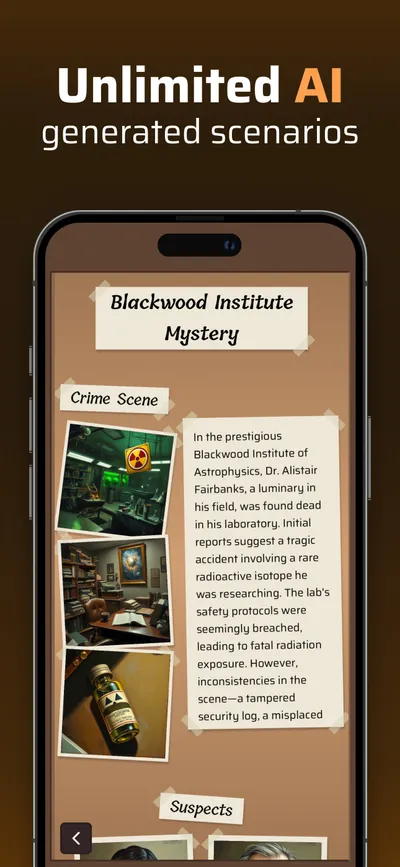 iphone mockup with gameboard showing the generated scenario "Blackwood Institute Mystery"