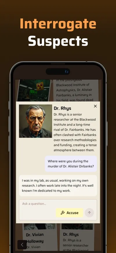 iphone mockup with chat interrogation with the suspect Dr. Rhys