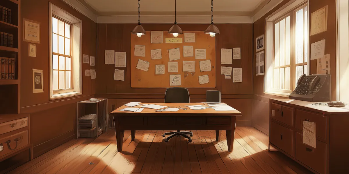 A detective desk and board filled with case files.